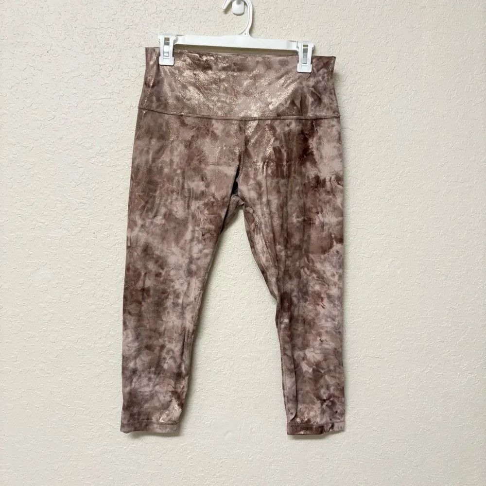 Lululemon Align Crop 23" Shine Leggings Gym Size 12 Beige Foil Shimmer
